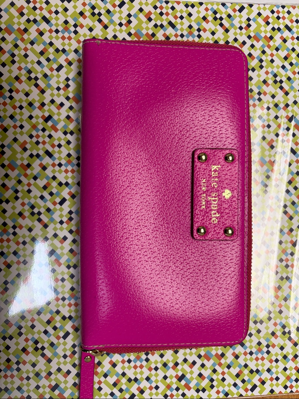 Kate Spade Pink Zip-Around Wallet with Gold Logo Plate